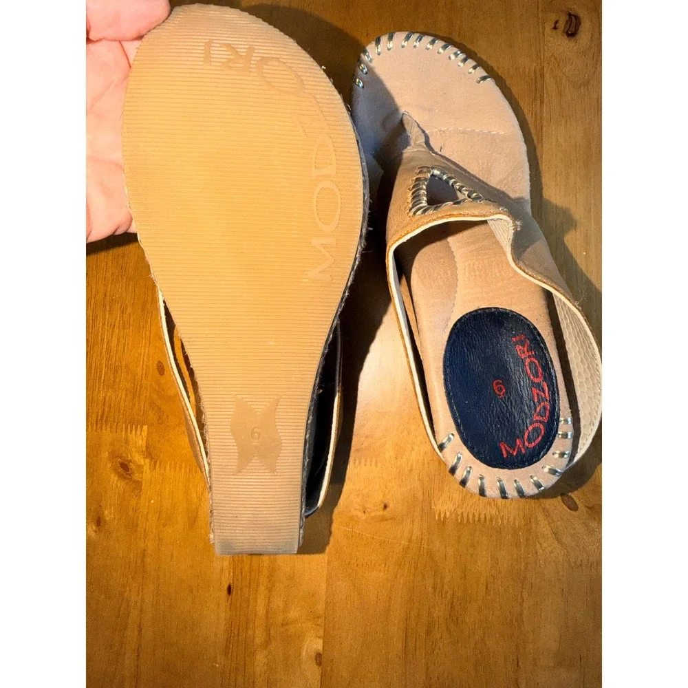 Modzori Tan Leather Whipstitch Wedge Thong Sandals Size 6 Bohemian Platform